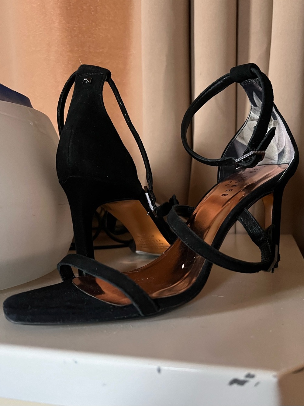 Ted Baker London Black Suede Gold bottom Strappy High Heel Sandals
